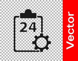 Black Checklist clipboard with 24 hours service icon isolated on transparent background. Vector Illustration.