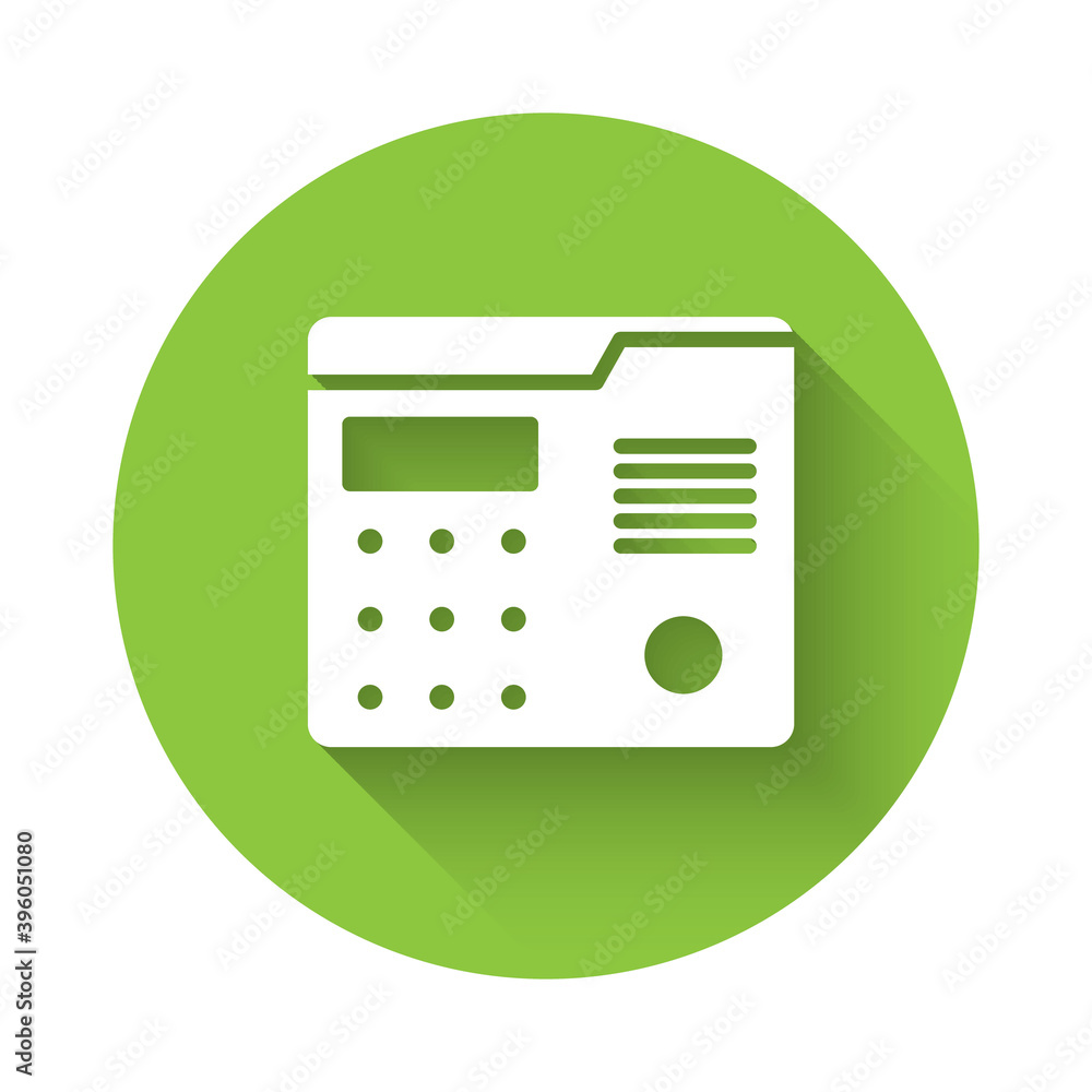 Poster white house intercom system icon isolated with long shadow. green circle button. vector illustration