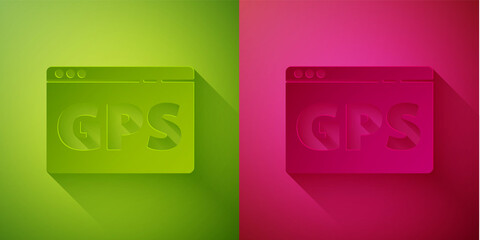 Paper cut Gps device with map icon isolated on green and pink background. Paper art style. Vector Illustration.