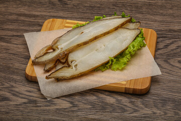 Delicous smoked halibut slices snack