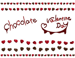 赤と茶色のハート型チョコのライン素材と溶けたチョコ風のチョコレートとバレンタインデーの文字素材セット