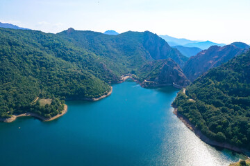 Fototapeta na wymiar Aerial view, Lac de Tolla is a reservoir on the mediterranean island of Corsica. It is located in the south of the island, east of the island's capital Ajaccio, Tourism and vacation concept.