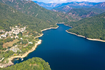 Aerial view, Lac de Tolla is a reservoir on the mediterranean island of Corsica. It is located in...