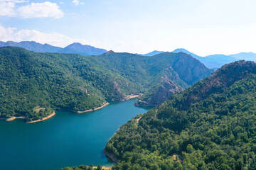 Aerial view, Lac de Tolla is a reservoir on the mediterranean island of Corsica. It is located in the south of the island, east of the island's capital Ajaccio, Tourism and vacation concept.