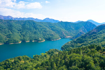 Fototapeta na wymiar Aerial view, Lac de Tolla is a reservoir on the mediterranean island of Corsica. It is located in the south of the island, east of the island's capital Ajaccio, Tourism and vacation concept.