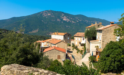 Fototapeta na wymiar View of the beautiful old village of Tolla on Corsica. It is located in the south of the island, east of the island's capital Ajaccio, Tourism and vacation concept.