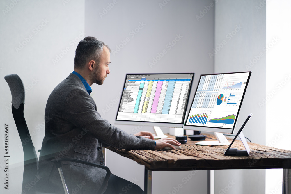 Poster analyst employee working with spreadsheet