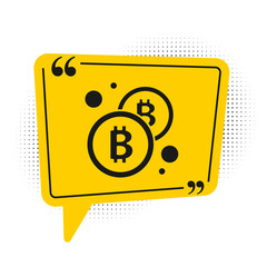 Black Cryptocurrency coin Bitcoin icon isolated on white background. Physical bit coin. Blockchain based secure crypto currency. Yellow speech bubble symbol. Vector.