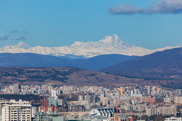 Panoramic view of Tbilisi, in the distance you can see Mount Kazbek