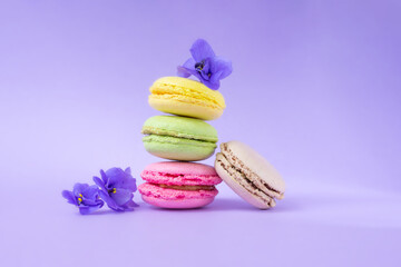 Colorful macarons with flowers one on top of each other on purple background.French cookies traditional pastry