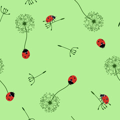 Seamless summer vector illustration with ladybug and dandelion on a green background.