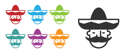 Black Mexican man wearing sombrero icon isolated on white background. Hispanic man with a mustache. Set icons colorful. Vector.