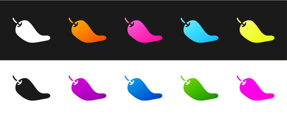 Set Hot chili pepper pod icon isolated on black and white background. Design for grocery, culinary products, seasoning and spice package, cooking book. Vector.