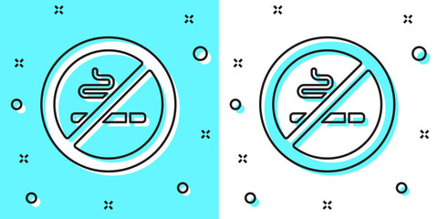 Black line No Smoking icon isolated on green and white background. Cigarette symbol. Random dynamic shapes. Vector.
