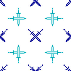Blue Crossed medieval sword icon isolated seamless pattern on white background. Medieval weapon. Vector.