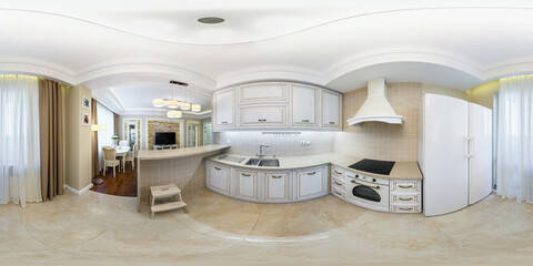 360 panorama inside interior of stylish kitchen in light style. Full 360 by 180 angle degree view seamless panorama in equirectangular spherical projection. vr content © hiv360