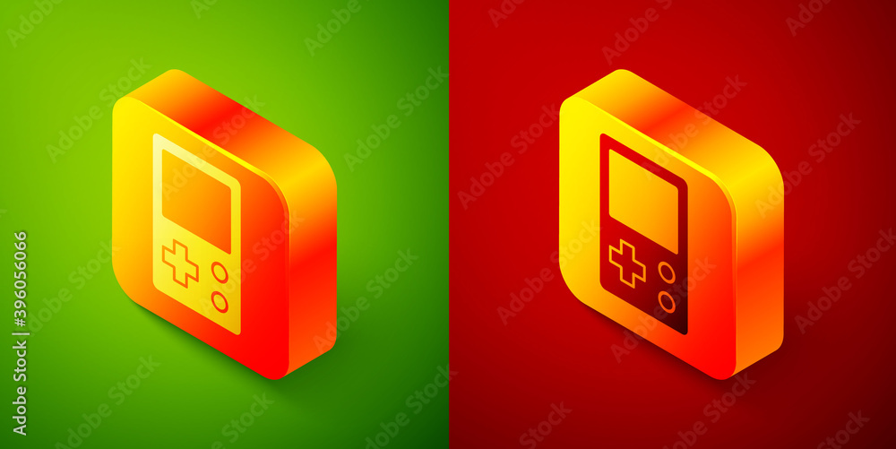 Poster isometric portable tetris electronic game icon isolated on green and red background. vintage style p