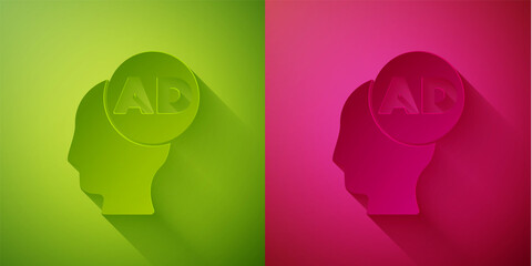 Paper cut Advertising icon isolated on green and pink background. Concept of marketing and promotion process. Responsive ads. Social media advertising. Paper art style. Vector.