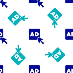 Blue Advertising icon isolated seamless pattern on white background. Concept of marketing and promotion process. Responsive ads. Social media advertising. Vector.