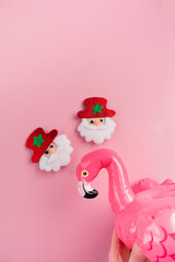 Songkran thailand festival. Summer time, top view, flat lay, pink background. Single banner concept