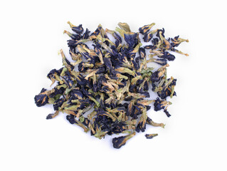 Dried Butterfly Pea flower on white blackground.