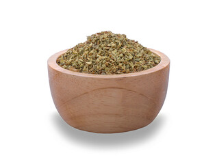 Dried oregano seasoning in a wooden bowl isolated on white background..