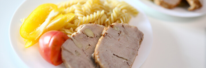 on table are plates food, meat and side dish. videography educational and business events. learn to beautifully serve and serve your culinary masterpieces. Dinner at home in restaurant, feed family