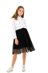 Beautiful school girl with long silky hair.