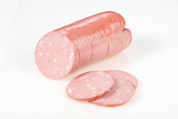 Tasty meat sausages over white background