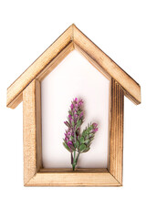 wooden hexagonal wall decorative  frame with an artificial flower in the center. on a white isolated background