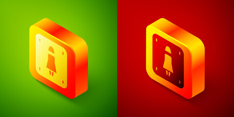 Isometric Female toilet icon isolated on green and red background. WC sign. Washroom. Square button. Vector.