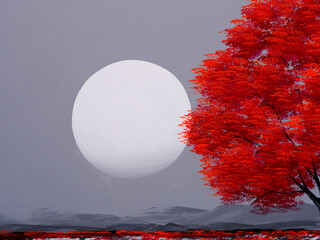 Red tree with moon on sky painting on canvas.
