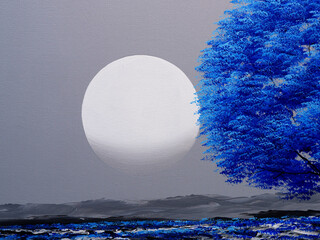 Blue tree with moon on sky painting on canvas.