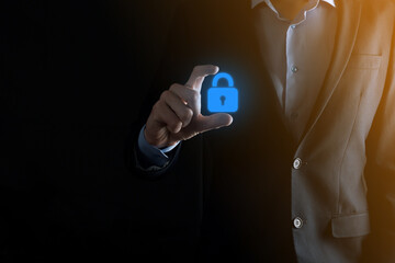 Cyber security network. Padlock icon and internet technology networking. Businessman protecting data personal information on virtual interface. Data protection privacy concept. GDPR. EU