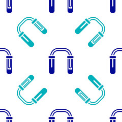 Blue Test tube and flask - chemical laboratory test icon isolated seamless pattern on white background. Fluid transfer system. Laboratory glassware sign. Vector.