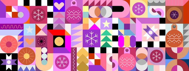Gordijnen Veelkleurige geometrische decoratieve naadloze patroon. Vector design met sneeuwvlokken, kerstballen, verschillende vormen en elementen. ©  danjazzia