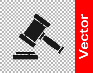 Black Judge gavel icon isolated on transparent background. Gavel for adjudication of sentences and bills, court, justice. Auction hammer. Vector.