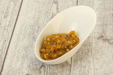 Green spicy sauce in the bowl