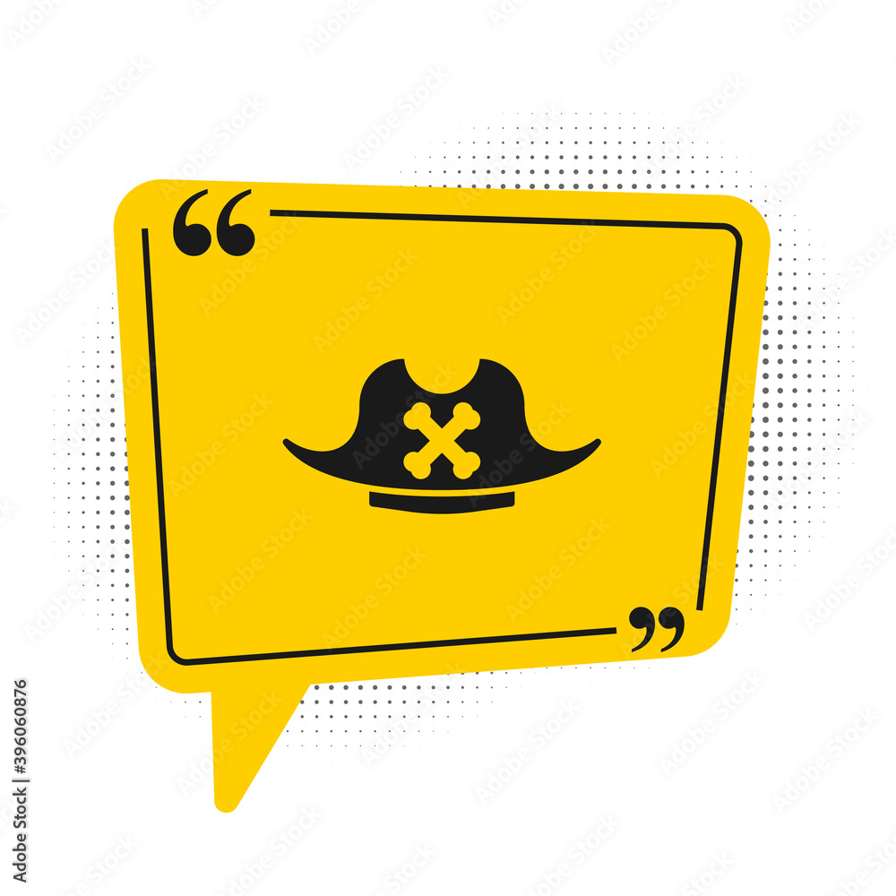 Poster black pirate hat icon isolated on white background. yellow speech bubble symbol. vector.