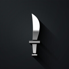 Silver Pirate sword icon isolated on black background. Sabre sign. Long shadow style. Vector.