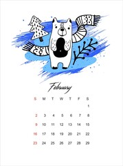 Vector calendar scandinavian style. February 2021.