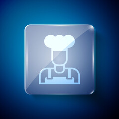 White Cook icon isolated on blue background. Chef symbol. Square glass panels. Vector.