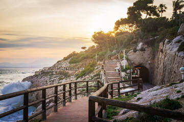 Outer promenade of the Cantal Tunnels on the Rincon de la Victoria cliff, Malaga, at sunset. © M. Perfectti