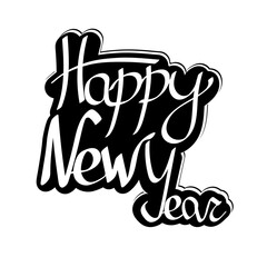 Happy New Year, isolated black and white sticker, lettering design template, holiday poster, vector illustration