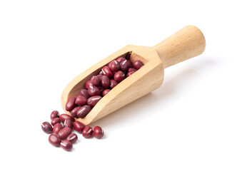 Azuki red bean in wood scoop on white background