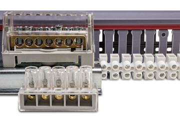 Terminal blocks and distribution blocks. Connecting electrical cables of different voltages. Connection to an electrical terminal. Electrician. Copy space