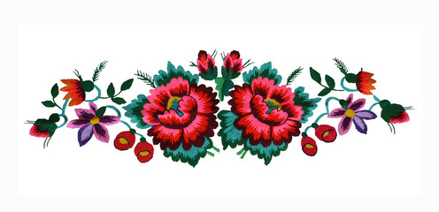 Ukrainian hand embroidery. Embroidered flowers in the old style. Composition of flowers. Isolated on a white background. - 396062881