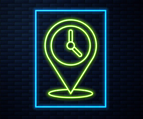 Glowing neon line Location with clock icon isolated on brick wall background. Vector Illustration.