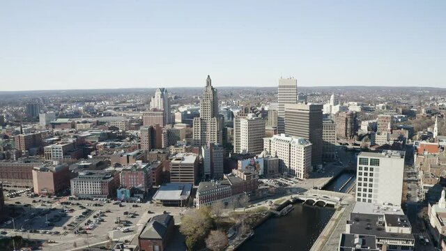 Providence Rhode Island cityscape downtown, drone aerial, sunny day