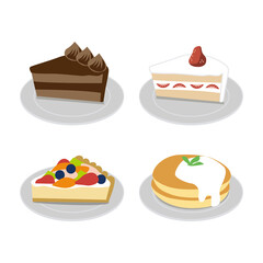 chocolate cake, short cake, fruit tart, pancake